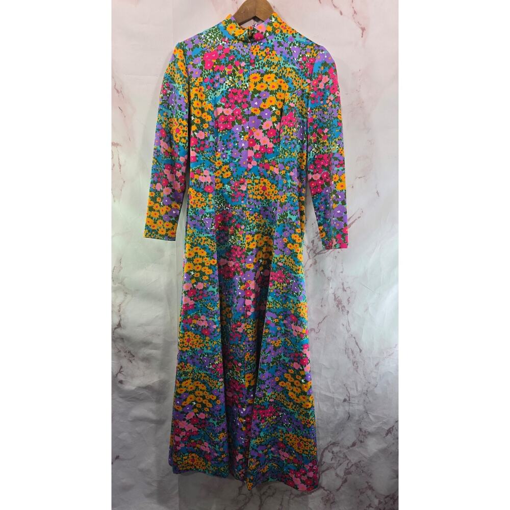Vintage Dress Womens Medium Floral Pink 60s 70s Mod Long Mock Maxi Midi Flowers